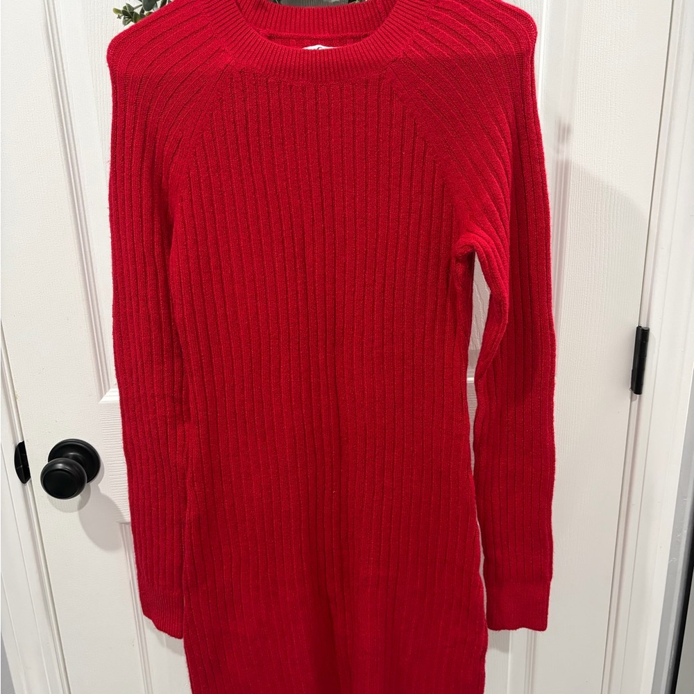 Hollister Red Ribbed Long Sleeve Dress